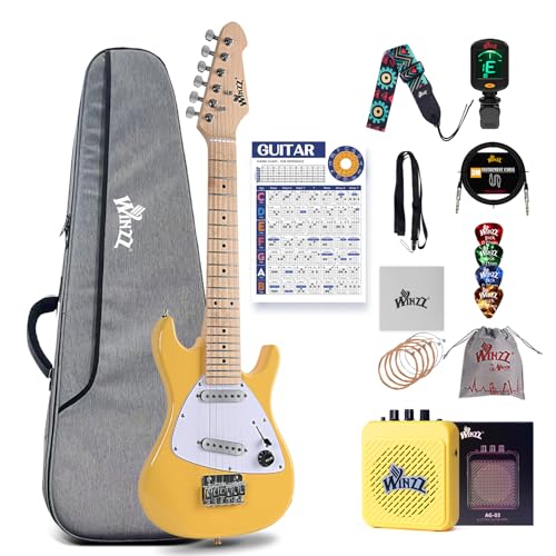 Winzz 30 Inch Kids Electric Guitar Beginner Kit Junior 1/4 Size Mini Electric Guitar for Children Complete Stater Set with Amp Gloosy Yellow Colour