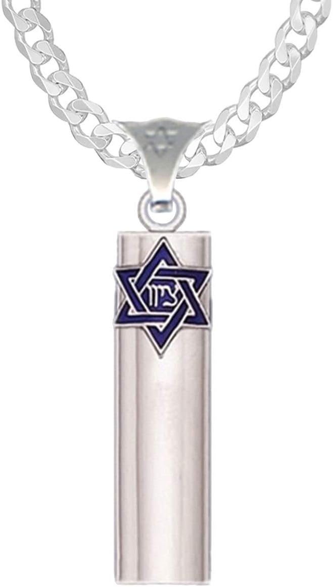US Jewels 925 Stering Silver Jewish Star of David Mezuzah Case Pendant Charm Necklace, 26mm