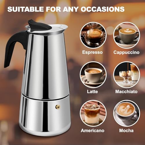 Image of 6 Cup Moka Pot Percolator Italian Coffee Maker 300ml Stovetop Espresso Mocha Stainless Steel Greca Coffee Maker Classic Cafe Makers Suitable for Induction Cookers Ceramic Stoves Tummy