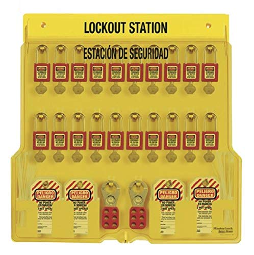 Image of Master Lock 1484BP410ES 22 inch High X 22 inch Wide X 1-3 /4 inch Deep, Spanish /English Lockout Station, 20 Padlock Station with Cover, Twenty 410Red Xenoy Padlocks