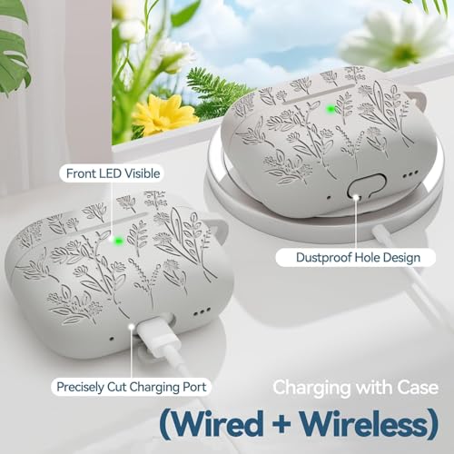 Image of Meyaar Silicone Case for AirPods Pro 3 Floral Embossed, Flower Engraved Soft Silicone Cover with Keychain, Anti-Scratch, Shockproof Protective Case Cover (Light Grey, for AirPods Pro 3 (2025))