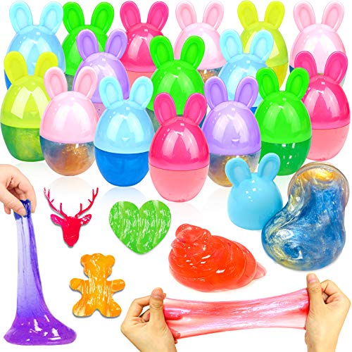 AMENON 18 Pack Bunny Ear Easter Eggs Squeeze Fidget Toys, 6 Colors DIY Slime Eggs with Crystal Galaxy Unicorn Slime Putty Easter Squishy Toys Stress Relief for Kids Boys Girls Easter Basket Stuffers