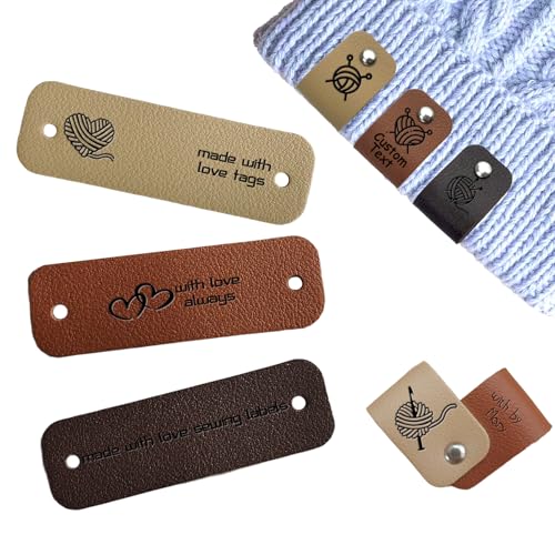 12Pcs Personalized Handmade Leather Tags for Knits Items, Custom Leather Labels with Rivet, Custom Labels for Knitting & Crochet Projects (2.5x0.8 Style 2)