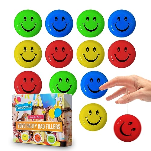 SOL 12pk Kids Yoyos Party Bag Fillers, Assorted Colour Smiley Design Trick Yo-Yo, Perfect Toy for Beginners, Lightweight and Fun, Ideal Entertainment for Children's Parties of All Ages
