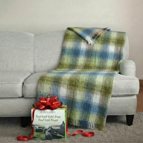 Biddy Murphy Ultra Soft Irish Mohair & Wool Throw Blanket, Made in Ireland, 54"x72", Cream/Pale Blue & Green/Grey Mix Block