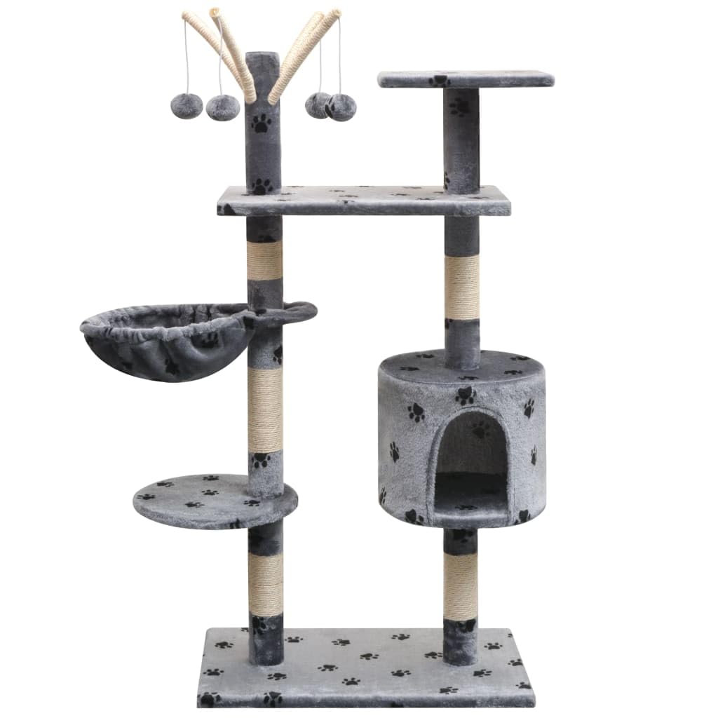 Katzen-Kratzbaum 125 cm Grau mit Pfoten-Aufdruck, Sisal Kratzsäulen, Plüsch Liegemulde, Haus und Spielzeug, Stabiler Holzrahmen, großer Kletterbaum für Wohnung und Katzenpflege