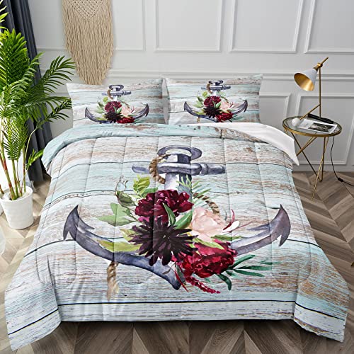 Bducok Anchor Comforter Set,Nautical Anchor Vintage Flowers Bedding Set For Kids Boys Bedroom Gift Ship Anchor Sea Adventure Theme Comforter Set (Full Set,1 Comforter+2 Pillow Case) #TOP7