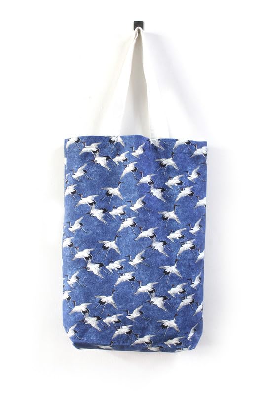 Japanese Crane Pattern Canvas Tote Bag, Blue and White Design, Cotton Shopping Bag with Long Handles (Set B)