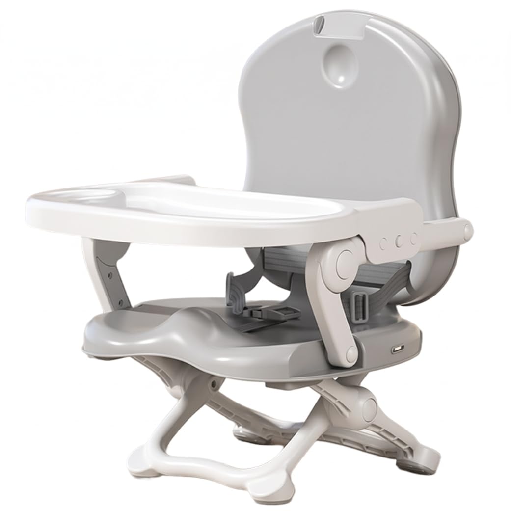 Chaise haute portable pliable rehausseur gris | Pliable pour les voyages, deux plateaux en plastique, adapté aux tout-petits, idéal pour une utilisation en extérieur