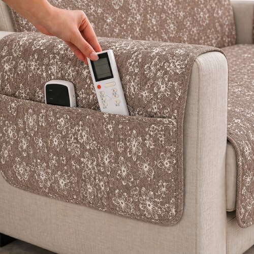 Image of STITCHNEST 'Opulence Series' Floral Woven Sofa Cover for 3 Seater | Premium Soft Fabric Sofa Protector | Beige Floral Pattern with Armrest Pockets | Durable Living Room Furniture Cover