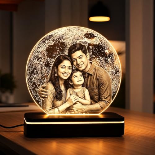 Image of Customized Photo Plaque | Personalized Printed Frame Acrylic Tabletop (Warm Moon Light, B&W - Engraving)