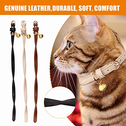 Jamktepat 3 Pack Leather Cat Collars with Bells Soft Pet Safety Collar Kitten Collars with Bell Black Chocolate Beige(S) - Image 3