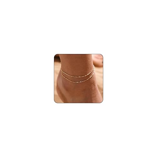 MIDEEO Gold/Silver Ankle Bracelets for Women,14K Gold Anklets for Women Waterproof Cuban Link Heart Beads Herringbone Rhinestone Anklets Set Layered Anklet Bracelets for Women Gold Jewelry Gift - 2 Layers Anklet A-Gold