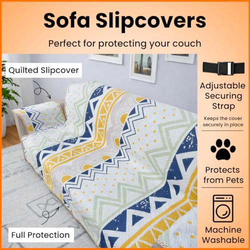 Image of Homerz Premium 2 Seater Quilted Reversible Sofa Cover Mat with Pocket Arms | Polyester Blend 350 GSM Full Coverage & Back Belt for Stability (Sylvara, 2 Seater)