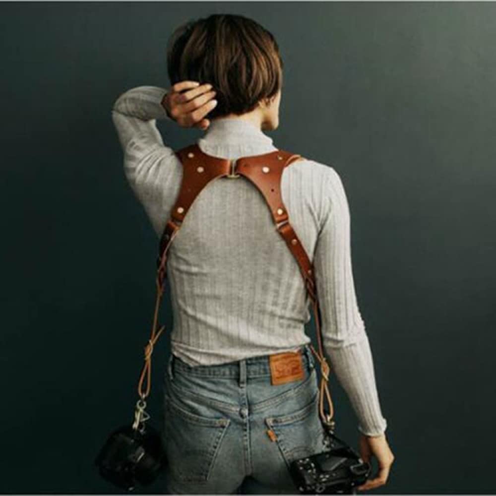 Accessori per tracolla per fotocamera per due fotocamere – Tracolla in pelle a doppia spalla – Attrezzatura per fotocamera multipla per tracolla per DSLR/SLR di SIQI-black