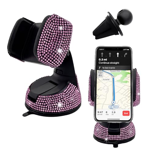 Suvnie Bling Car Phone Holder 360 Degree Adjustable Crystal Auto Dashboard Air Vent Cell Phone Mount Universal Car Phone Holder Mount for Windshield Dashboard and Air Outlet (Pink)