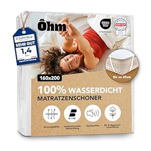 Ôhm Matratzenschoner 160x200 cm wasserdicht, atmungsaktive Baumwoll-Auflage, Schutz für Allergiker, Inkontinenz und Kinder, Anti-Milben, Elastikbänder bis 40 cm, Oeko-Tex