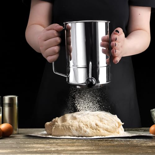 Pumtus 3 Pack Flour Sifter Set, 5 Cup Hand Crank Sifter with 2 Pieces Baker\'s Dusting Wands, Stainless Steel Fine Mesh Baking Sifter with Agitator Rotary, Powdered Sugar Duster for Baking Dessert - Thumbnail 7