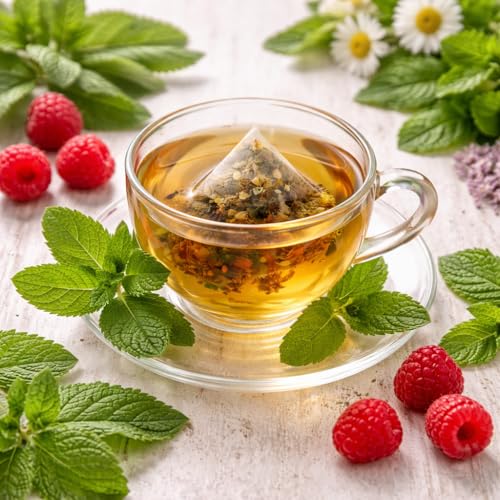 Image of Sancha Tea Boutique Raspberry Leaf Herbal Infusion Blend | With Peppermint for Digestive Comfort & Relaxation | Traditionally Valued Women's Wellness Infusion | 25 Pyramid Tea Bags |Naturally Caffeine Free