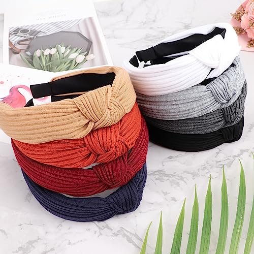Image of DRESHOW 8 Pack Knotted Headbands for Women Wide Turban Headband Yoga Exercise Ribbing Hair Hoop Hair Bands Accessories