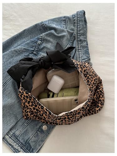 Image of QWINEE Women's Y2K Leopard Print Tote Handbag Casual Cheetah Print Canvas Shoulder Bag Bow Underarm Bag Brown One-Size