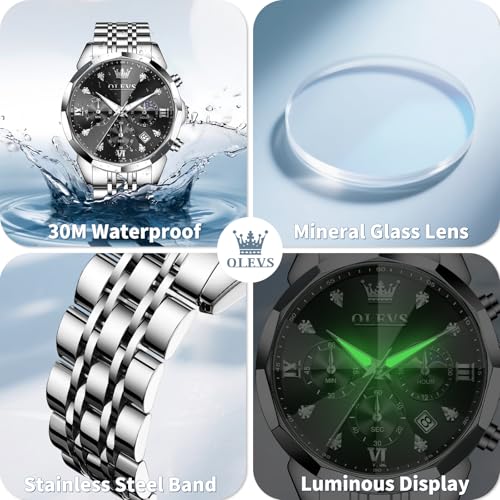 Image of OLEVS Watches for Men Stainless Steel Dress Men Watch with Date Big Face Chronograph Waterproof Luxury Fashion Watch Blue /Black /Gold /Green /Silver Face Relojes para Hombres