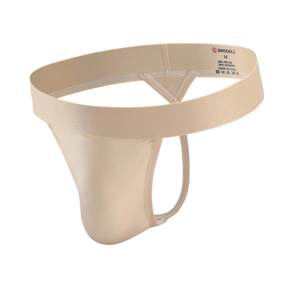Broddle Men's Beige Nylon Thong Underwear G-String Low Rise T-Back Bulge Pouch Workout For