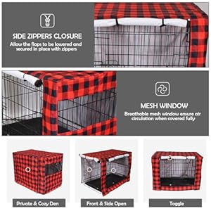 Dog Crate Covers,Cover Fits 48″ Kennel Indoor,Polyester Pet Kennel Covers,Breathable Mesh Windows,Repels Oils and Stain,Washable Cover Universal Fit for Standard Metal Crate-Red Plaid