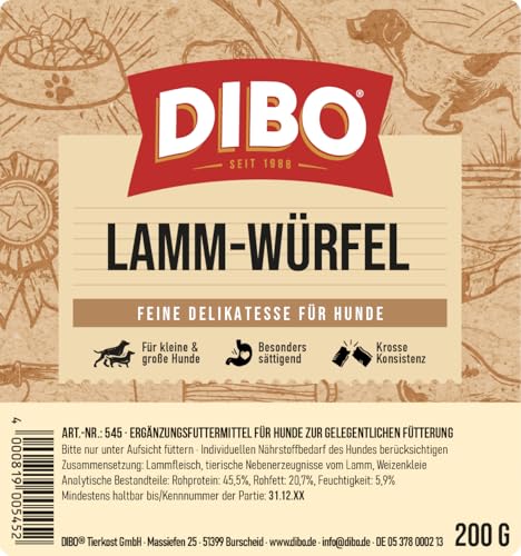DIBO Lamm Würfel, 200g-Beutel, der kleine Naturkau-Snack oder Leckerli für Zwischendurch, Hundefutter, Qualitätskauartikel ohne Chemie von DIBO