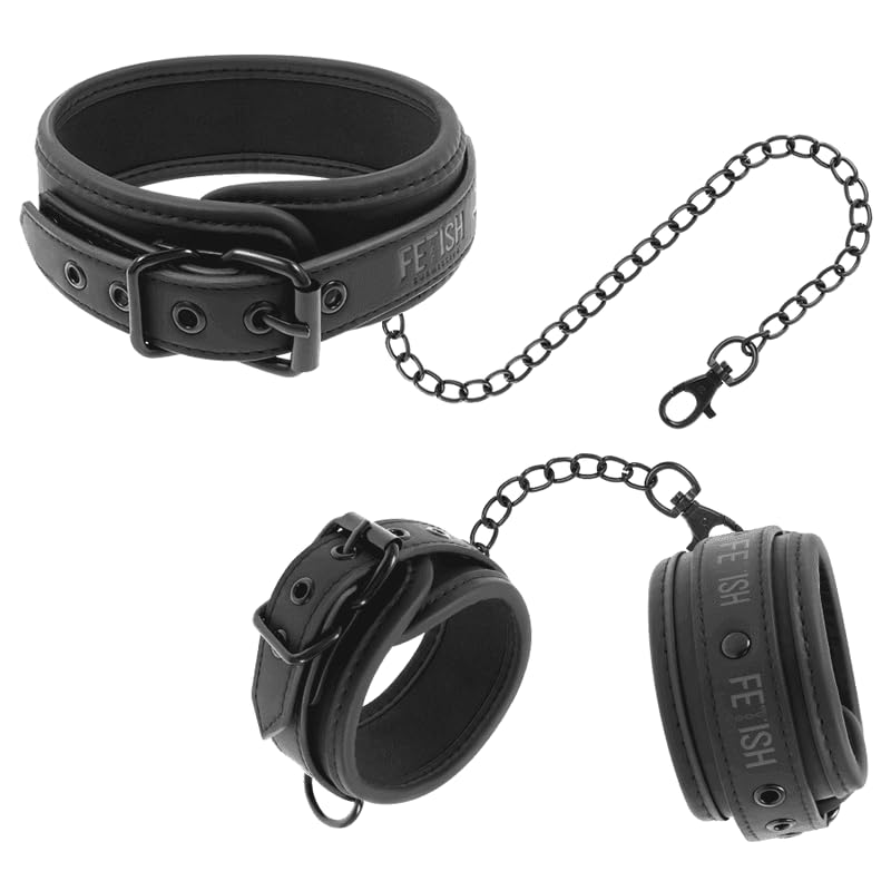 Halsfessel & Handschellen Set – Verstellbare BDSM Fesseln aus veganem Leder mit Neopren-Futter – Fixierung mit Immobilisierungsstange & Kette – Bondage für Paare & Rollenspiele