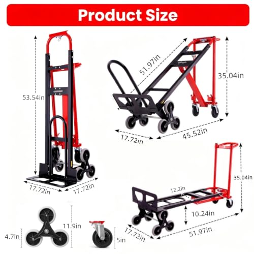 Image of 4-in-1 Hand Trucks Dolly 1000 LBS Stair Climbing Cart, Heavy Duty Industrial Convertible Utility Cart Converts from Hand Trucks Dolly to Platform Cart Folding Stair Climbing Cart (Red)