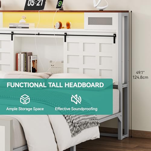 YITAHOME-Farmhouse-King-Size-Bed-Frame-with-4914-Tall-Storage-Headboard-Charging-Station-Led-Light-Sliding-Barn-Door-Wooden-Platform-Bed-Frame-Metal-Slats-Support-No-Box-Spring-Needed-White YITAHOME Farmhouse King Size Bed Frame with 4914 Tall Storage Headboard Charging Station Led Light Sliding Barn Door Wooden Platform Bed Frame Metal Slats Support No Box Spring Needed White