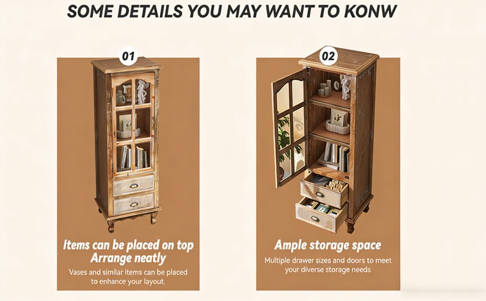 Image of Vintage Tall Wood Storage Cabinet with Glass Door and Drawers - Single Door Display Cabinet for Living Room, Office, or Entryway