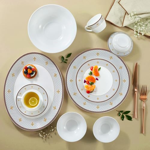 Image of Larah by Borosil Opalware Dinner Set Microwave & Dishwasher Safe | Bone-Ash Free | Crockery Set for Dining & Gifting | Plates & Bowls (Regalia Grace, 60pc)