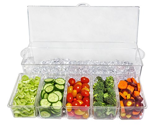 Ice Chilled 5 Compartment Condiment Server Caddy - Serving Tray Container With 5 Removable Dishes With Over 2 Cup Capacity Each And Hinged Lid | 3 Serving Spoons + 3 Tongs Included #TOP2