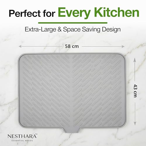 Image of Premium Large Silicone Dish Drying Mat for Kitchen Sink Counter | Easy Clean, Foldable Kitchen Mat | Non-Slip Heat Resistant Utensil Drainer Mat | Quick Dry Ribbed Surface (58x43 cm / 23x17 inch)