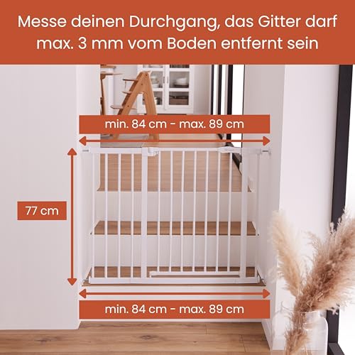 hauck Open N Stop 2 + 9 cm Verlängerung, Weiß - Kinderschutzgitter Hundegitter, Verstellbare Breite 84-89 cm, 77 cm Hoch, Beidseitige Einhand Öffnung, ohne Bohren, für Innen