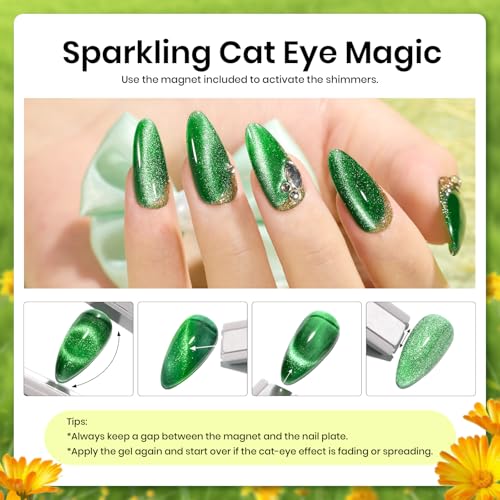 Image of Beetles Green Gel Nail Polish Set - 6 Colors Cat Eye Sparkle Glitter Gel Polish Starter Kit with Magnet, Summer Lime Yellow Flash UV LED Gel Nail Kit for DIY Home & Salon Use
