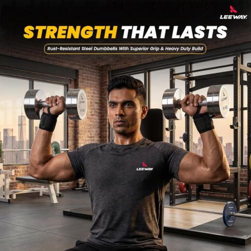 Image of Leeway Steel Dumbbell Set 50 Kg x 2 | Chrome Dumbbells for Home Gym | Rust-Resistant Non-Slip Grip | Strength Training Metal Dumbbell Set | Iron Dumbell | Round Dumble (50kg X 2 = 100kg Chrome)