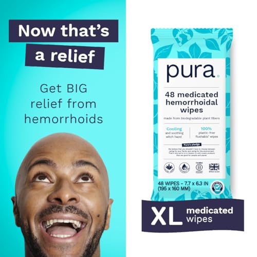 Image of Pura XL Flushable Medicated Wipes for Hemorrhoid Relief, Extra-Large, Fragrance-Free Wet Wipes with Witch Hazel, Coconut Oil & Aloe, Skin Soothing, 96 Wipes (12 Packs)