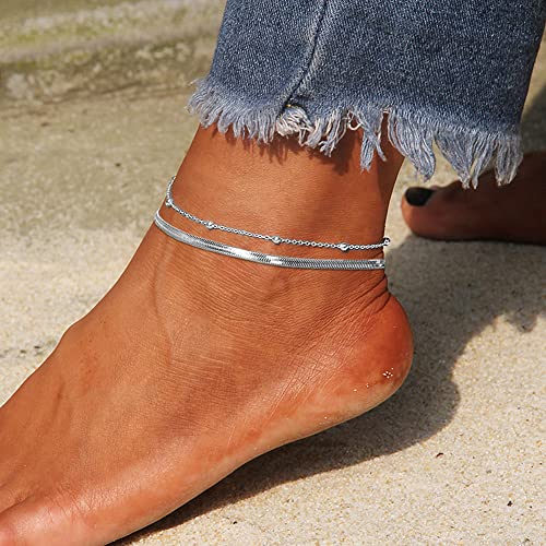 Image of Ankle Bracelets for Women,18K Gold Plated Layered Beads Snake Chain Anklet for Women,Summer Beach Dainty Anklets Foot Jewelry Gift