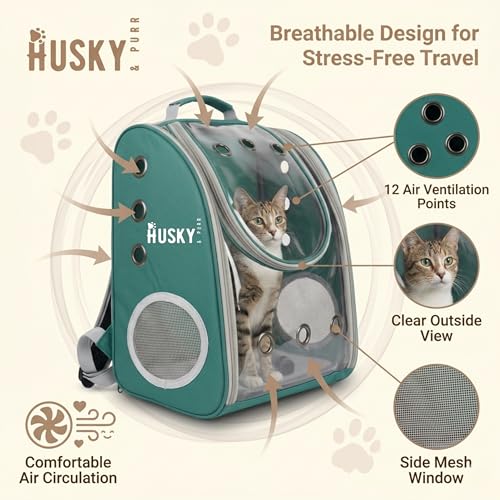 Image of Husky & Purr Cat Bag Carrier Backpack, Green | Collapsible Breathable Pet Carrier Backpack | Anti-Scratch Transparent Cat Carrier Bag for Travel, Up to 7kgs