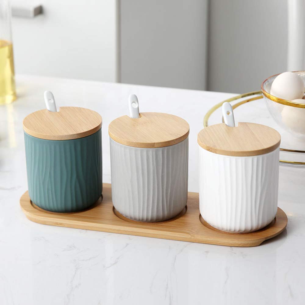 Set di 3 Tre Colori Zuccheriera, Zuccheriera in Ceramica Rotonda con Coperchio e Cucchiaio, Design Elegante, per Casa e Cucina