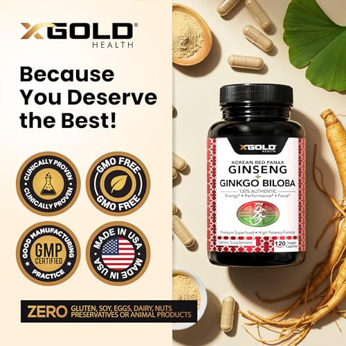 X Gold Health Korean Red Panax Ginseng + Ginkgo Biloba – 7% Ginsenosides Extra Strength – Energy, Memory, Focus & Brain Support – Premium Supplement for Men & Women – Non-GMO, 120 Vegan Capsules - Image 6