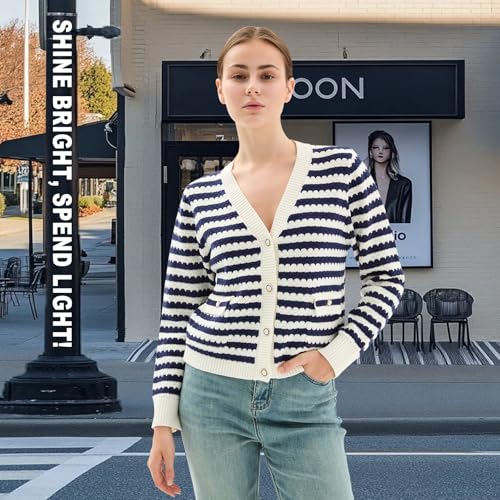 Women's Crop Sweaters Long Sleeve V Neck Striped Sweater Ribbed Knit Short Cardigan Button Up Tops4