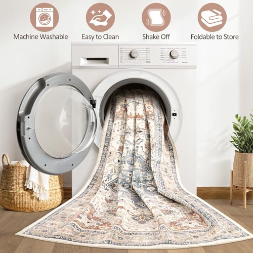 7x9 Area Rug Living Room: Washable Boho Large Neutral Vintage Soft Rug Stain Resistant Distressed Farmhouse Non-Slip Indoor Floor Carpet for Bedroom Nursery Kids Office Dining Room- Beige Blue