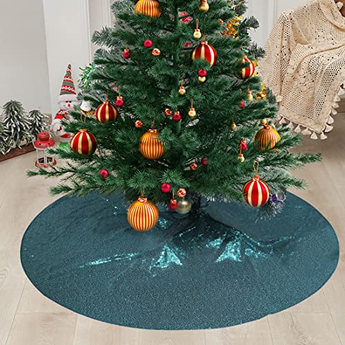 SquarePie Christmas Tree Skirt Sequin Glitter Halloween Decoration 50-Inch Teal