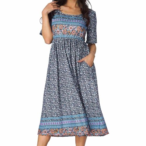 Image of Women's Boho Floral Maxi Dress Casual Boho 2026 Summer Short Sleeve Beach Dresses with Pockets