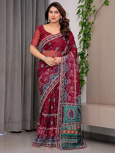 Image of ALMAARI FASHIONWomen's Floral Printed Organza Saree with Unstitched Blouse Piece | Traditional Ethnic Wear Sarees | Soft Lightweight Ethnic Office Wear Daily Wear Indian Sari (ORGANZA 121-130 H)