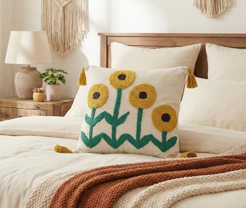 Image of Furnistitchs Handmade Cotton Bohemian Home Decor Cushion Cover 24x24 inches / 60x60 cms - Boho Chic Couch Sofa Throw Living Room Bedroom Cushions (1, Cream Tree)